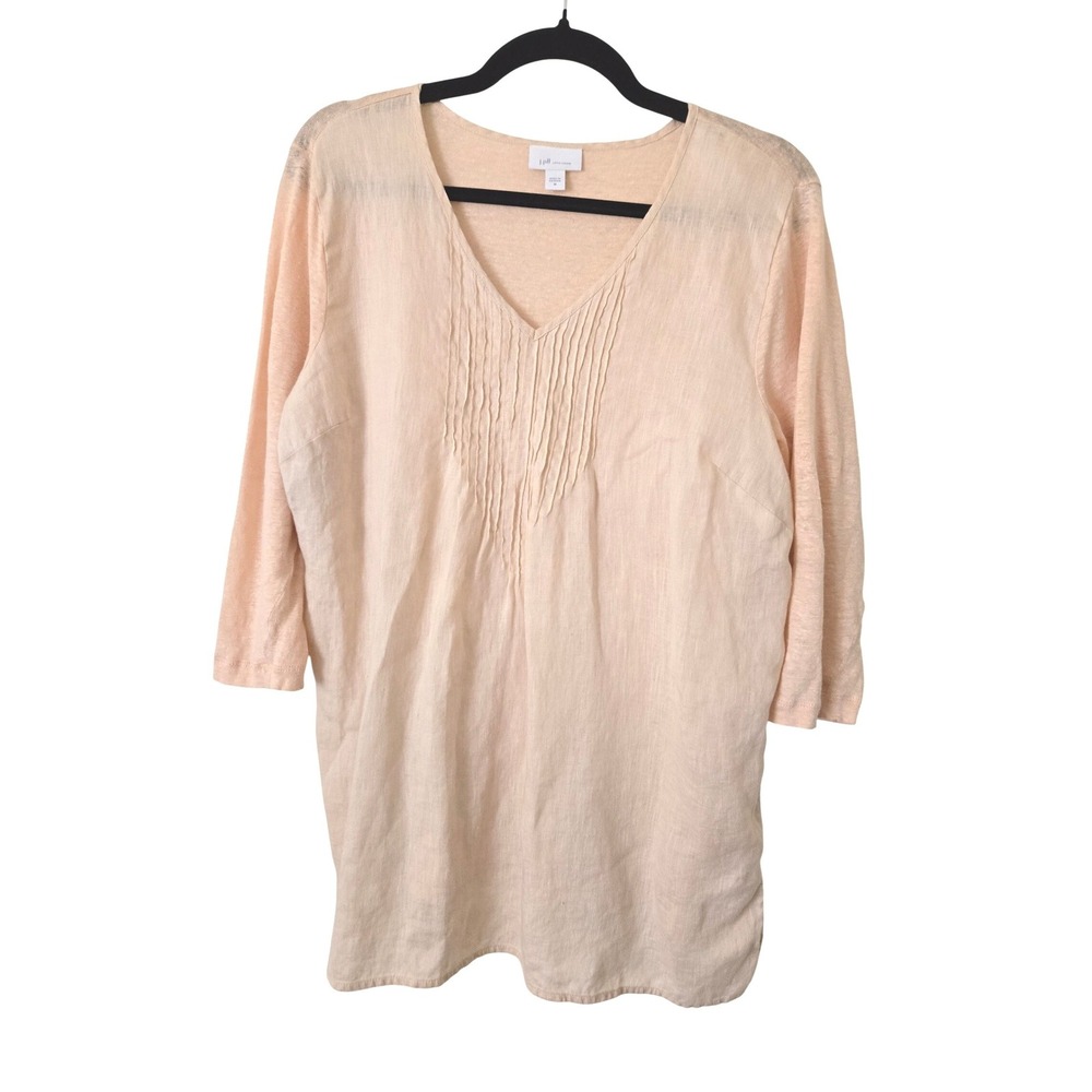 J. Jill Womens M Tunic Peach 100% Linen Pintuck V-Neck 3/4 Sleeve Top